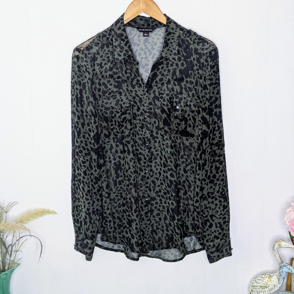 Rock & Republic Camo Sheer Button Front Blouse